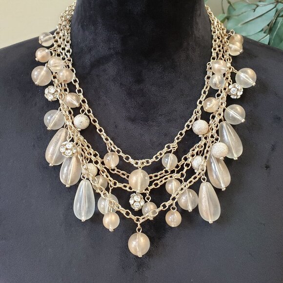 Womens 4 Strand Beads Teardrop Stone Rhinestone Dangle Drop Necklace w/ Lobster - Picture 1 of 6